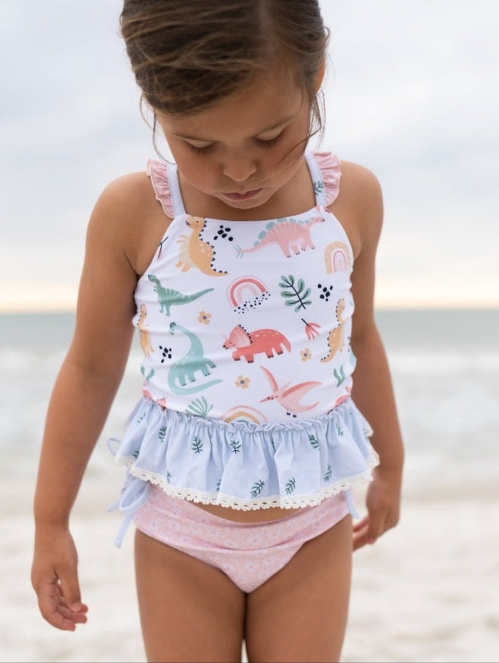 cheeky plum Pastel Dinosaur Ruffle Tankini - Pink, White, Peach, Blue